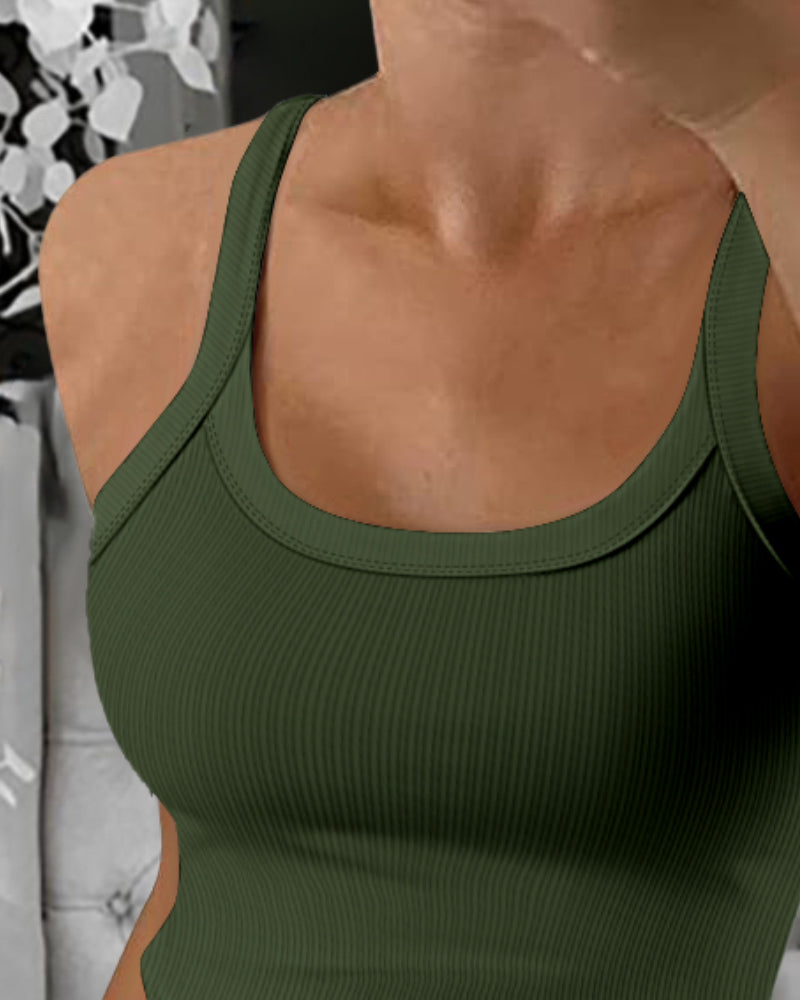 Scoop Neck Spaghetti Strap Ribbed Top Casual Sleeveless Slim Fit Tank