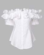 Ruffles Off Shoulder Short Sleeve Button Front Blouse Asymmetrical Hem Top