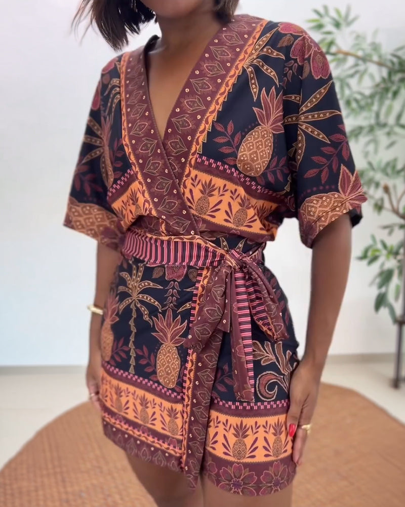 Women's Tropical Print Romper V Neck Wrap Knot Side Jumpsuit Half Sleeve Beach Vacation Summer Skorts Romper