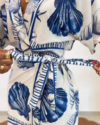 Starfish & Seashell Print Overlap V Neck Half Sleeve Wrap Knot Side Romper Casual Stretchy Back Waist Vacation Romper