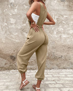 Women's Cotton Linen Jumpsuit Cargo Utility Overalls Adjustable Straps Drawstring Suspender Jumpsuit