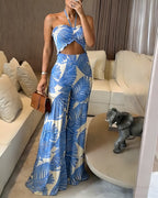 Women's Palm Leaf Print 2 Piece Set Convertible Halter Tie Top and Ruffle Wide Leg Pants Casual Vacation Set