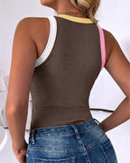Women's Contrast Trim Ribbed Tank Top Slim Fit Sleeveless Round Neck Basic Camisole for Streetwear & Layering