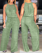 Women's Halter Jumpsuit Lace Trim Backless Overalls Tied Detail Wide Leg Jumpsuit with Pockets