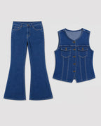 Women's 2 Piece Denim Outfits Sleeveless Button Down Vest and High Waisted Flare Jeans Set Vintage Suits with Pockets