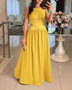 Halter Sleeveless Tied Detail Shirred Criss Cross Flared Dress Glamorous Evening Dress