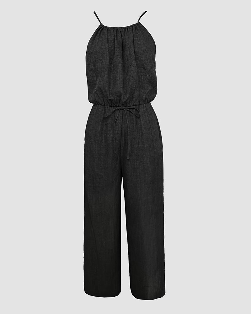 Womens Spaghetti Strap Drawstring Tied Waist Jumpsuit Casual Overalls