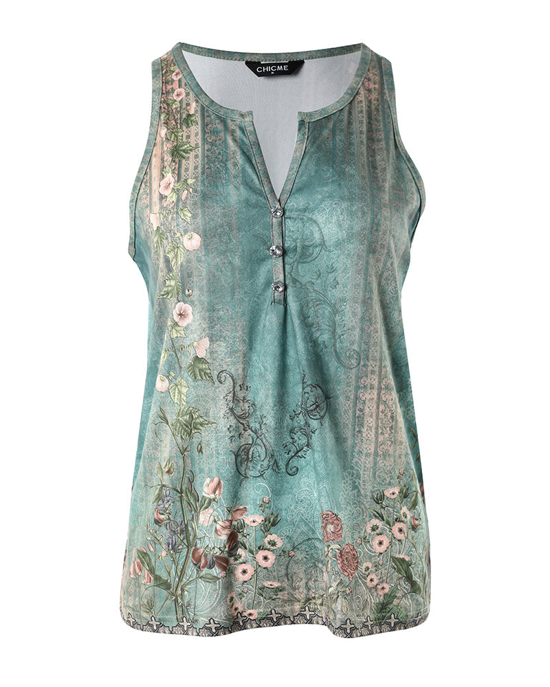 Women's Casual Floral Print Tank Top Sleeveless Notch Neck Vest with Rhinestone Accents