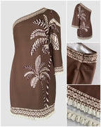 Women's Tropical Print One Shoulder Mini Dress Three Quarters Sleeve Fringe Hem Vacation Dress