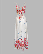 Women's Floral Butterfly Print Maxi Dress Backless Cutout Cami Sundress Ruched Tied Detail Flowy Vacation Dress