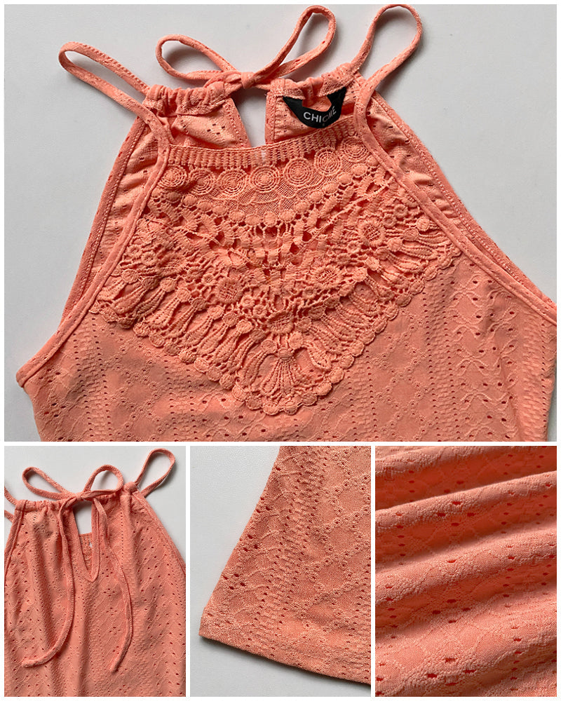 Halter Lace Up Water Soluble Lace Trim Sleeveless Tank Jacquard Casual Slim Fit Knit Top