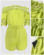 Women's Lace Off Shoulder Romper Shirred Waist Tied Detail Textured Short Jumpsuit with Pockets