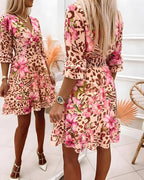 Women’s Leopard Floral Print Vacation Dress Overlap V Neck Shirred Waist Ruffle Midi Dress with Lining