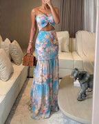 Women's Watercolor Floral Bandeau Maxi Dress Sexy Cutout Shirred Waist Mermaid Dress Ruffle Hem Vacation Dress