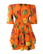 Women's Stretchy Off Shoulder Vacation Dress Tropical Fruit Floral Shirred Waist Ruffle Hem A Line Dress