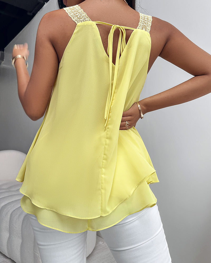 U-Neck Thick Strap Tank Contrast Lace Tied Detail Top