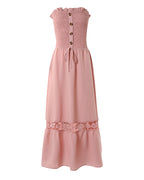 Women's Strapless Shirred Maxi Dress Lace Splice Tied Detail Frill Trim Sundress with Detachable Clear Straps