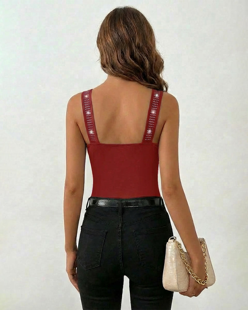 Rhinestone Decor Square Neck Thick Strap Backless Slim Fit Tank Top