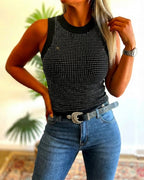 Rhinestone Decor O-neck Sleeveless Knit Tee Slim Fit Tank Top