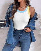 Women's Contrast Trim Ribbed Tank Top Slim Fit Sleeveless Round Neck Basic Camisole for Streetwear & Layering