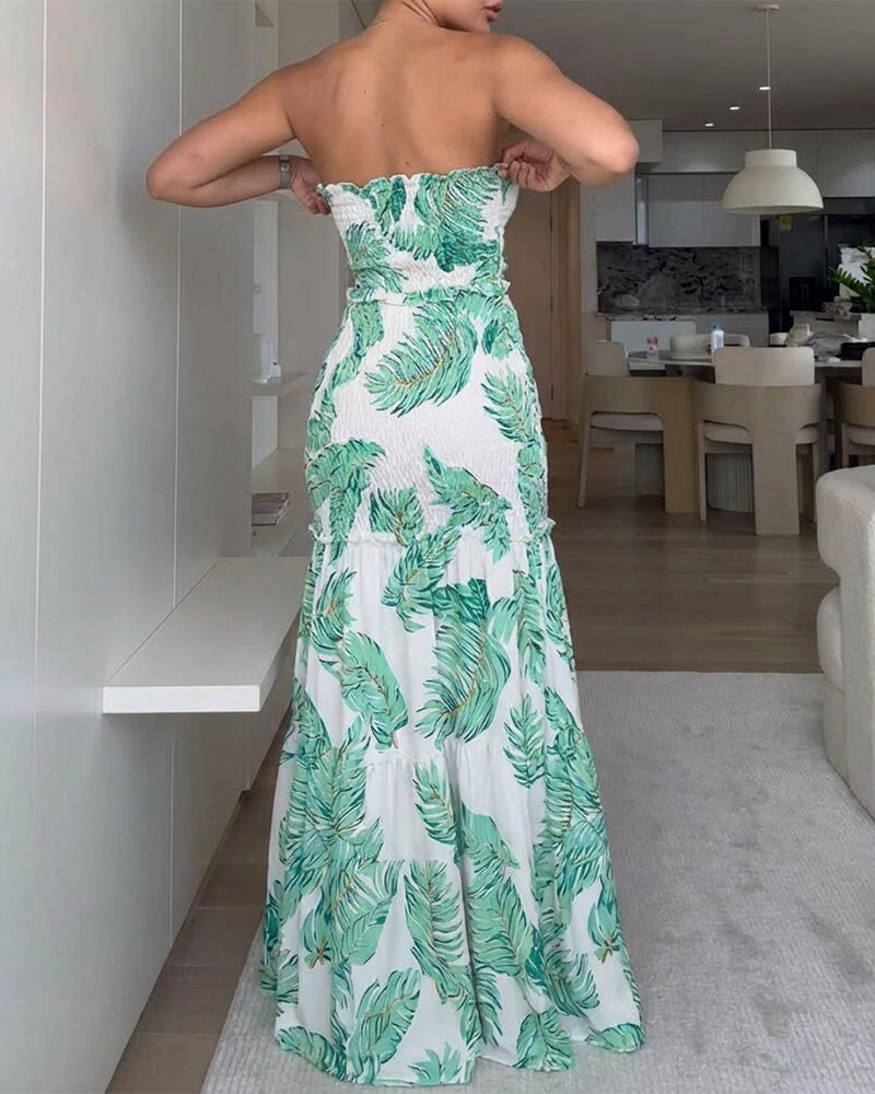 Tropical Plants Print Shirred Frill Trim Cinched Waist Ruffle Hem Tube Vacation Dress Elegant Tie Front Cutout Slim Fit Mermaid Hem Dress
