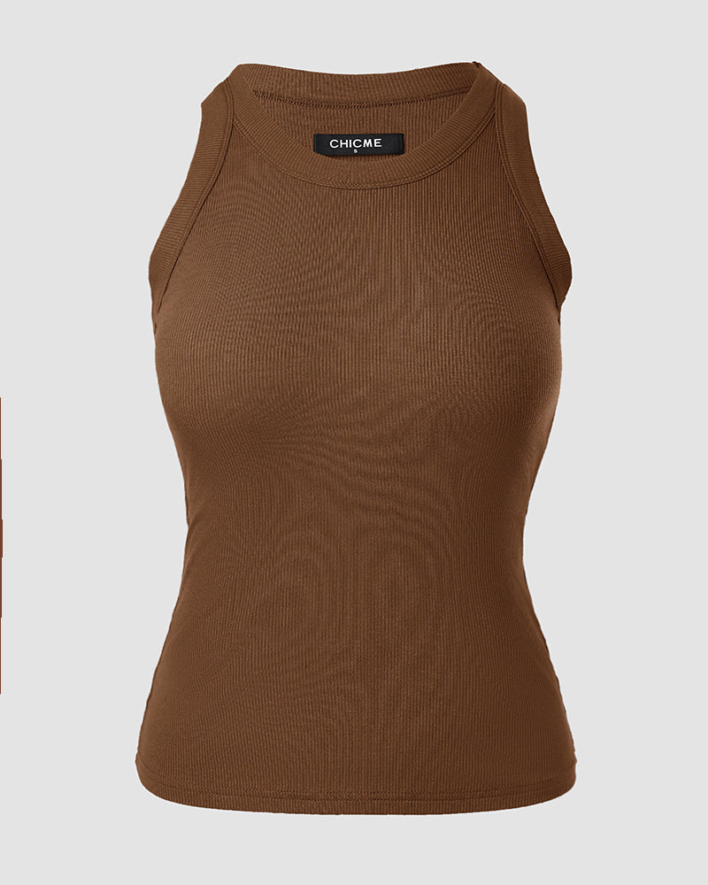 Built-in Bra Ribbed Round Neck Tank Top