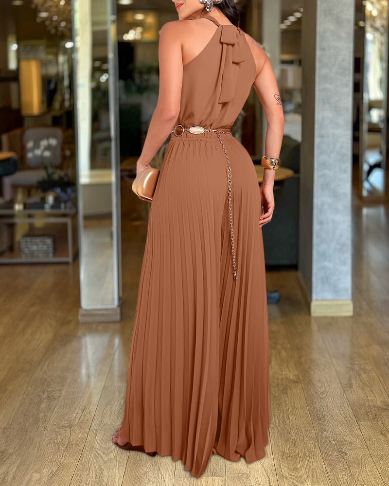 Women's Halter Tie Wide Leg Jumpsuit Pleated High Waist One-Piece Romper Elegant Sleeveless Evening Party Jumpsuit without Waist Chain