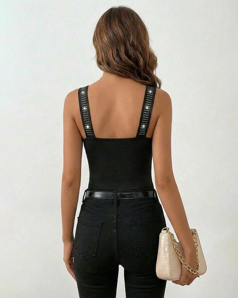 Rhinestone Decor Square Neck Thick Strap Backless Slim Fit Tank Top