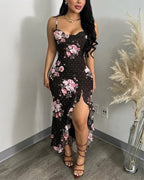 Women's Floral Cowl Neck Cami Midi Dress Casual Rhinestone Mesh Vacation Dress Slit Ruffle Hem Sundress