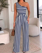 Women's Striped One Shoulder Jumpsuit Casual High Waisted Wide Leg Overalls