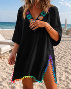 Women's V Neck Beach Cover Up Pom Pom Trim Side Slit Sheer Caftan Causal Three Quarters Sleeve Swimwear