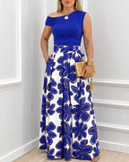 Women's 2 Piece Skirt Set Skew Neck Ruched Slim Fit Top and High Waisted Floral Print A Line Skirt with Pockets