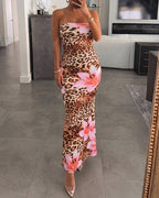 Women's Strapless Leopard Floral Print Mermaid Dress Sleeveless Bodycon Maxi Dress Tropical Vacation Party Gown