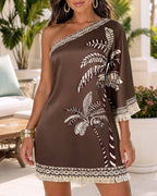 Women's Tropical Print One Shoulder Mini Dress Three Quarters Sleeve Fringe Hem Vacation Dress
