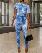 Women's Denim Look Print Skew Neck Jumpsuit Short Sleeve Drawstring Waist Slim Fit Overalls