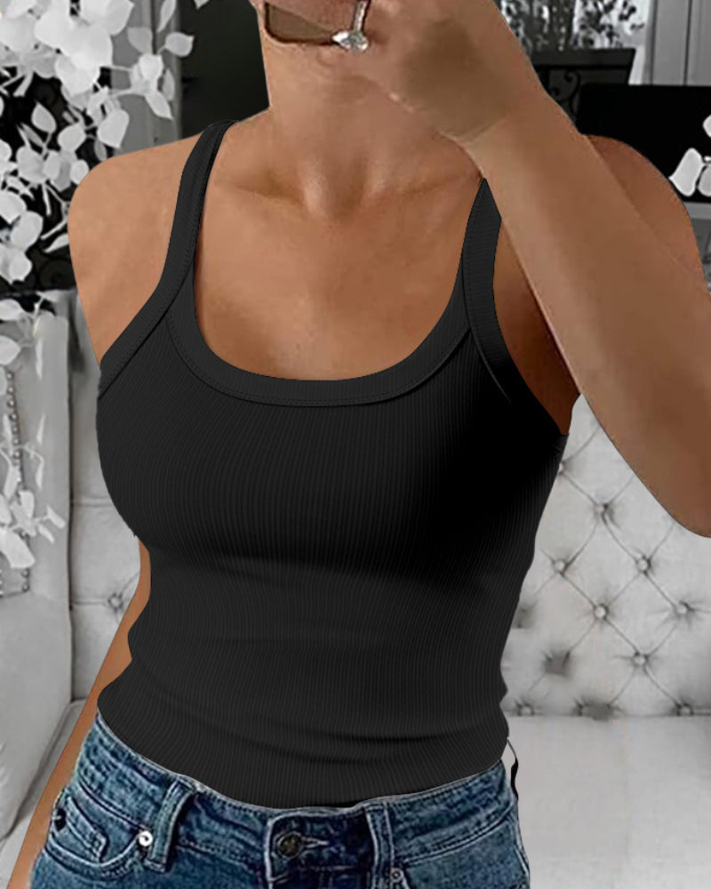 Scoop Neck Spaghetti Strap Ribbed Top Casual Sleeveless Slim Fit Tank