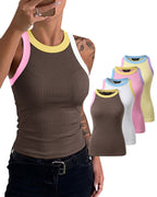 Women's Contrast Trim Ribbed Tank Top Slim Fit Sleeveless Round Neck Basic Camisole for Streetwear & Layering