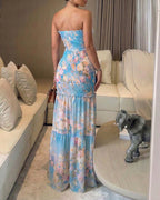 Women's Watercolor Floral Bandeau Maxi Dress Sexy Cutout Shirred Waist Mermaid Dress Ruffle Hem Vacation Dress