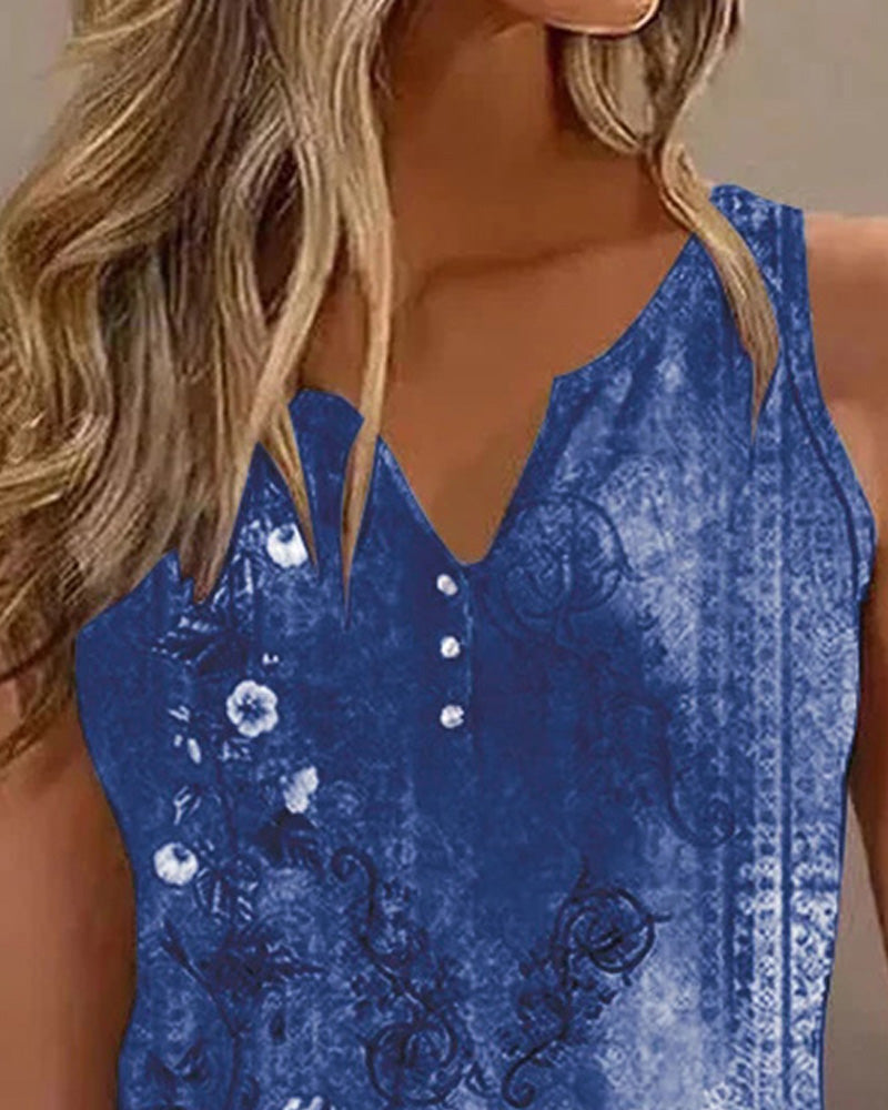 Women's Casual Floral Print Tank Top Sleeveless Notch Neck Vest with Rhinestone Accents