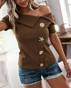 Women's Foldover Off Shoulder Rib-Knit Top Slim Fit Short Sleeve Tee with Gold Button Detail