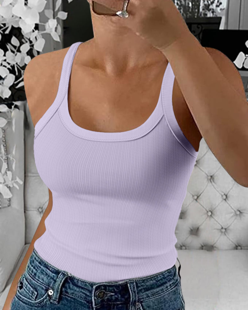 Scoop Neck Spaghetti Strap Ribbed Top Casual Sleeveless Slim Fit Tank