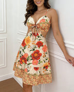 Women's Floral Print Boho Dress Sweetheart Neck Cut Out Tied Detail Summer Dress Ruffle Hem Ruched Vacation Dress