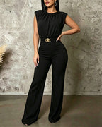 Women's Sleeveless Jumpsuit Shoulder Pad Ruched Round Neck Backless Overalls Elegant Flared Jumpsuit with Gold Belt