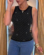 Women's Rhinestone Argyle Pattern Ribbed Tank Top Slim Fit Top