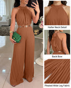 Women's Halter Tie Wide Leg Jumpsuit Pleated High Waist One-Piece Romper Elegant Sleeveless Evening Party Jumpsuit without Waist Chain