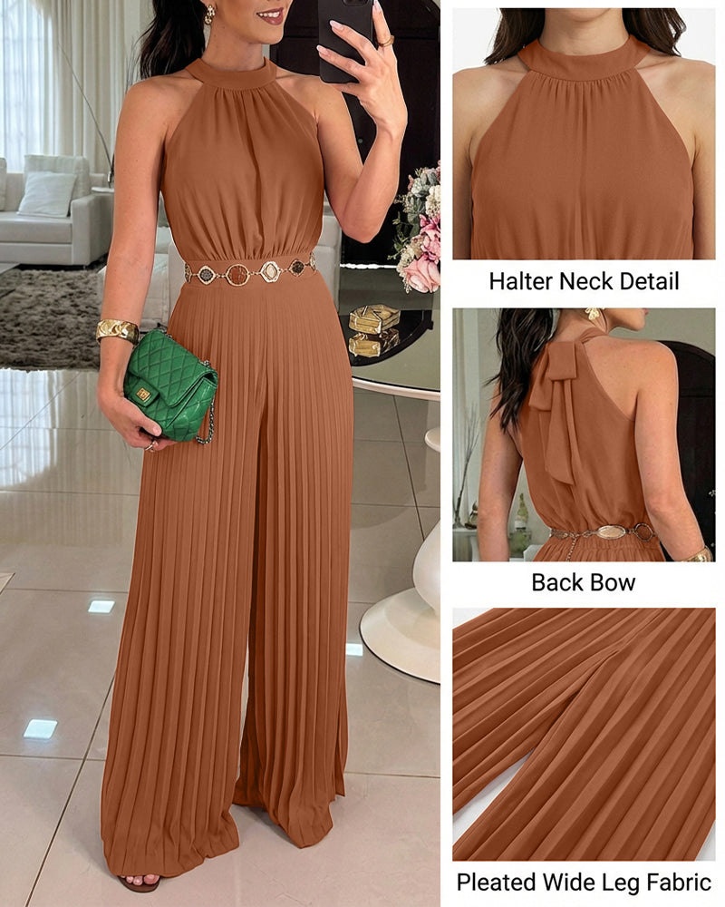 Women's Halter Tie Wide Leg Jumpsuit Pleated High Waist One-Piece Romper Elegant Sleeveless Evening Party Jumpsuit without Waist Chain