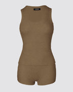 2PCS Micro-Ribbed U-Neck Tank Top & Boxer Set Cozy Loungewear