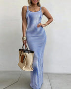 Women's Striped Ribbed Knit Maxi Dress Slim Fit Sleeveless Cami Dress Beach Vacation Sundress