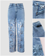 Guipure Lace Spliced High Waist Zipper Fly Wide Leg Washed Jeans
