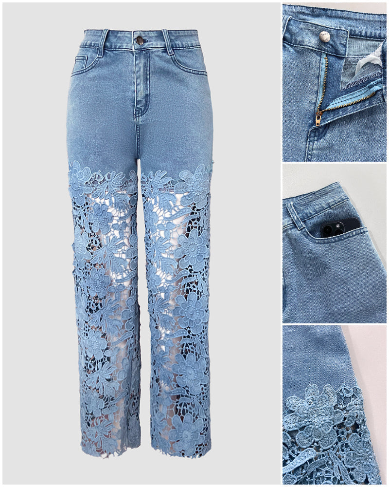 Guipure Lace Spliced High Waist Zipper Fly Wide Leg Washed Jeans